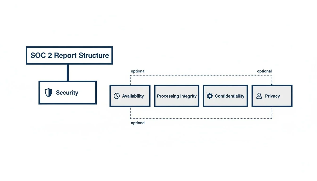 Diagram illustrating SOC 2 Report Structure with mandatory Security and optional Availability, Processing Integrity, Confidentiality, and Privacy principles.