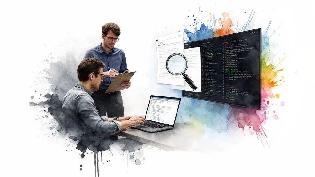 Two developers collaborate on code and documents with a laptop and large screens, surrounded by watercolor splashes.