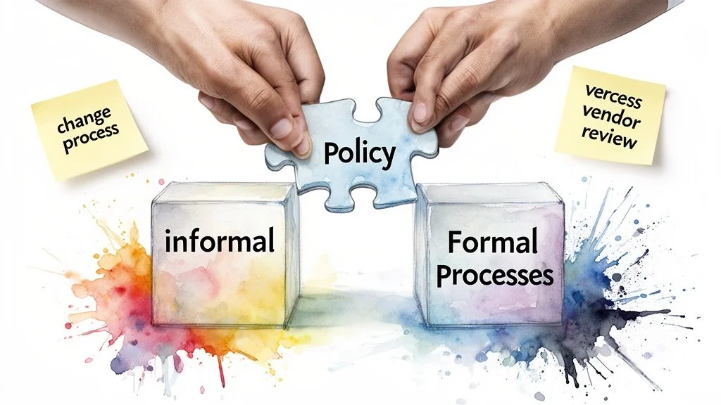 Hands connecting a 'Policy' puzzle piece, bridging informal and formal business processes.