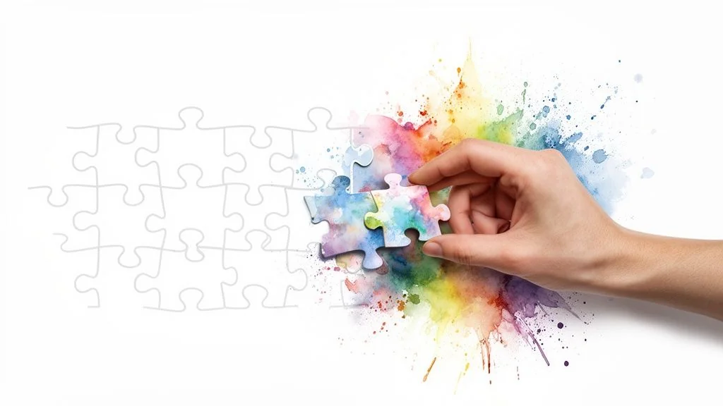 A hand places vibrant, watercolor puzzle pieces onto a white outline, symbolizing creativity and problem-solving.