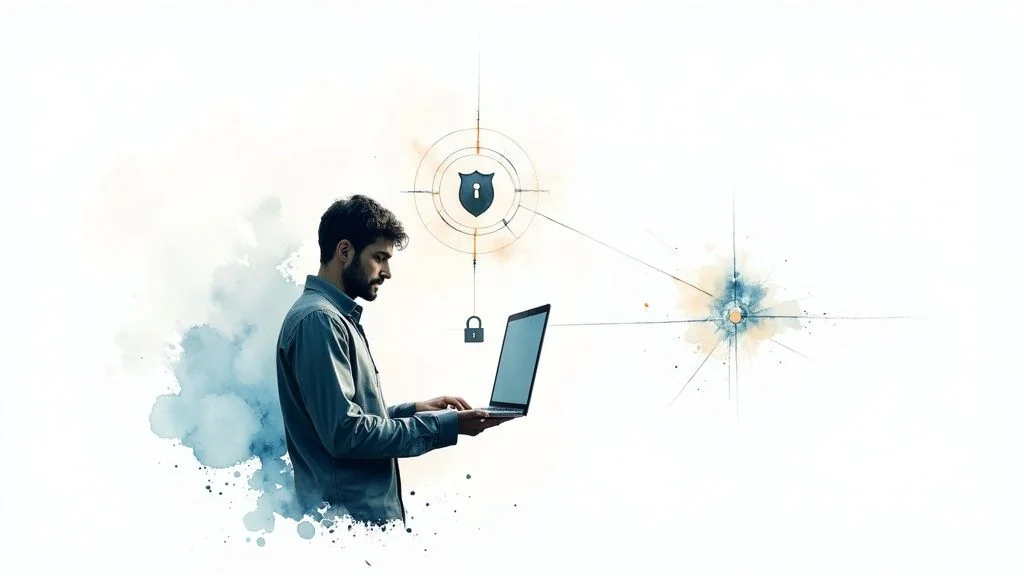 Man working on laptop with abstract cybersecurity shield and padlock icons.