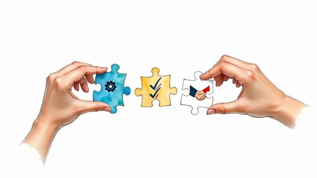 Two hands connect puzzle pieces depicting a gear, checkmarks, and a handshake, symbolizing teamwork.
