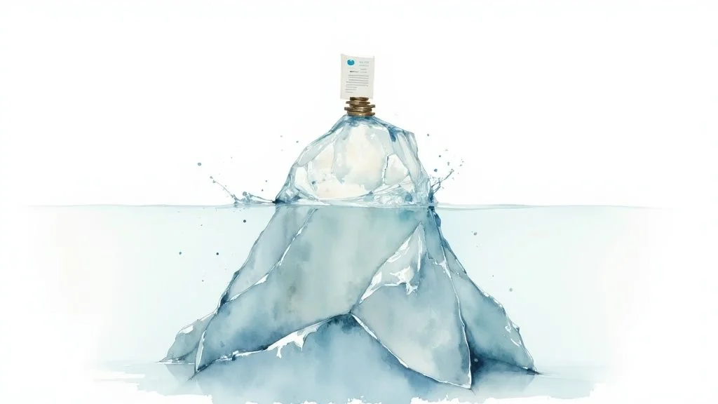 Watercolor illustration of an iceberg with a document and coins on its tip, mostly submerged in water.