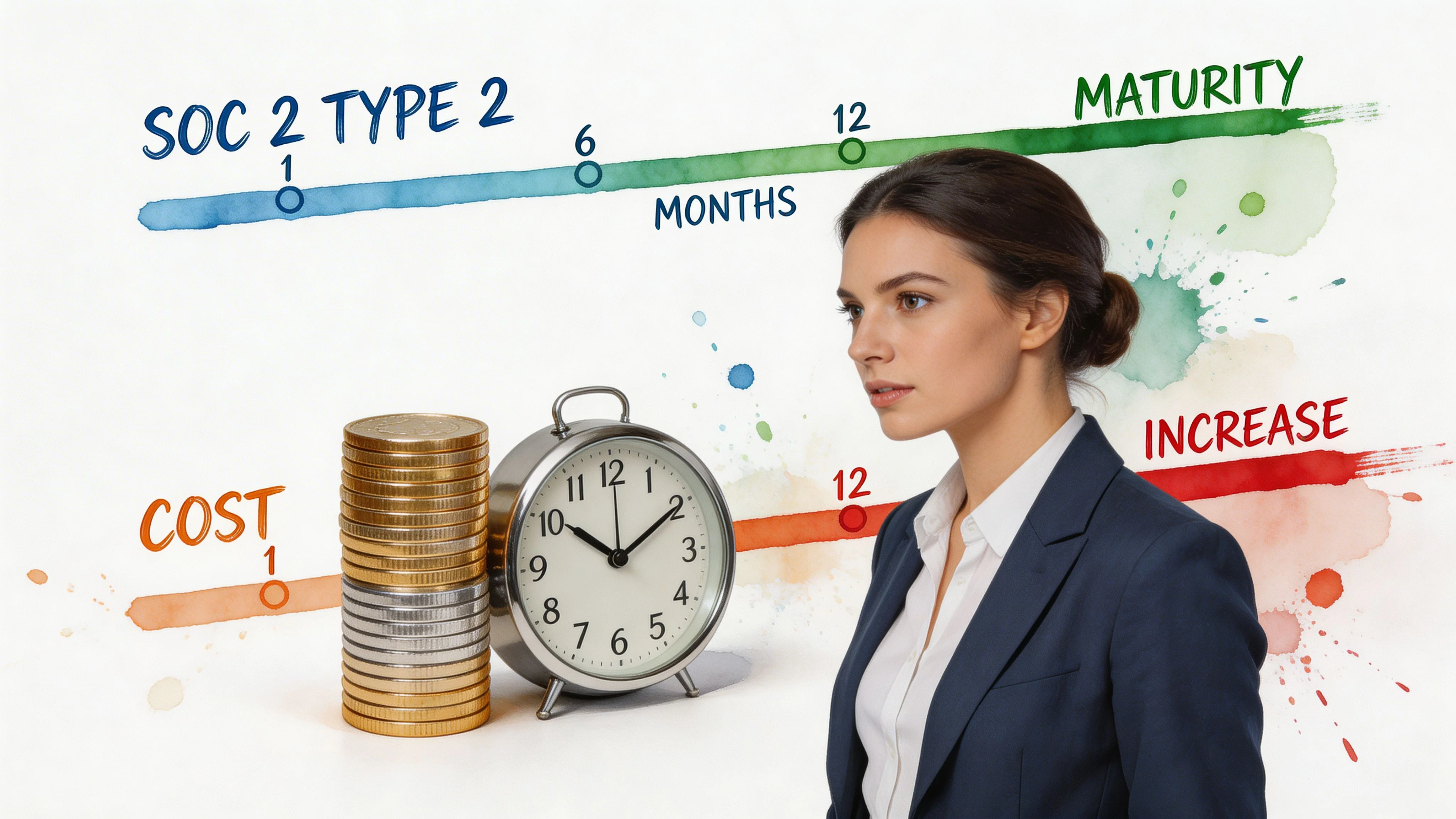 A professional woman looking towards a chart illustrating the relationship between SOC 2 Type 2 compliance timeline and costs.