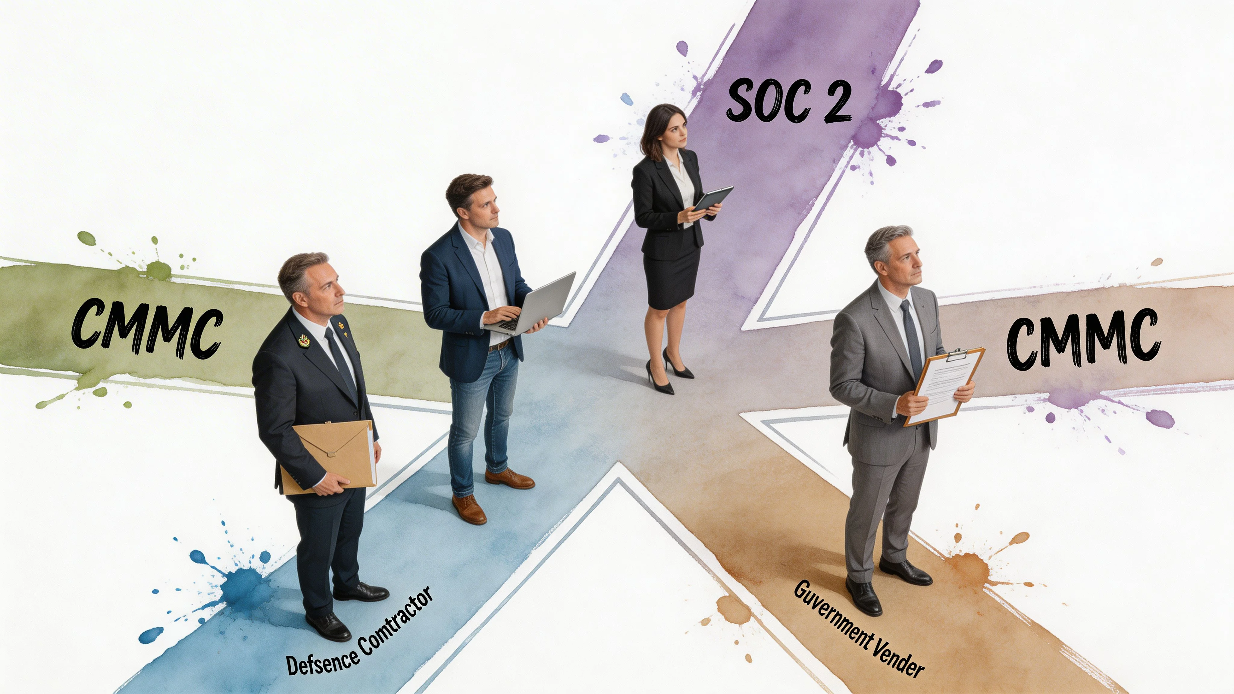 Four business professionals standing on a crossroad graphic representing paths for CMMC compliance and SOC 2 certification.