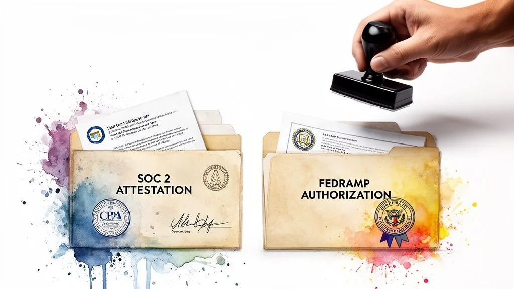 Two folders comparing SOC 2 Attestation and FedRAMP Authorization, featuring seals and a stamp.