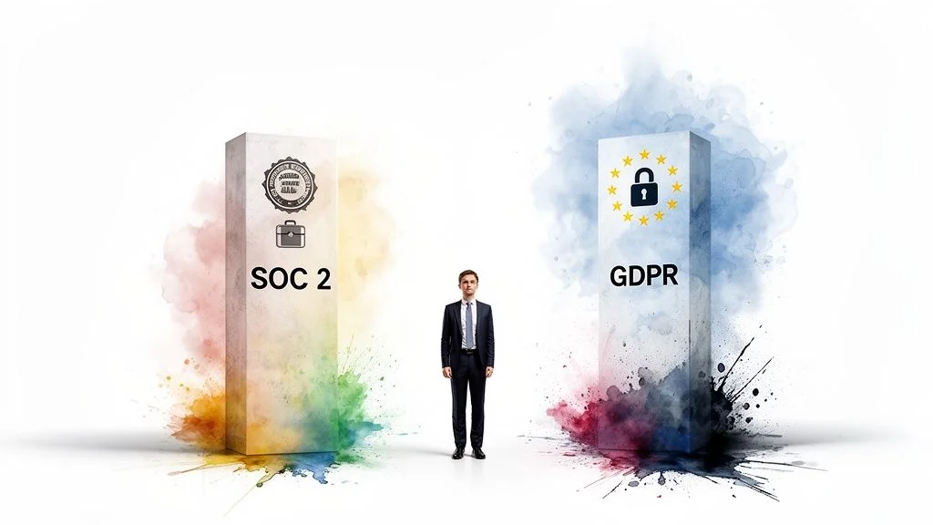 A man stands between two pillars, one labeled SOC 2 and the other GDPR, depicting compliance options.