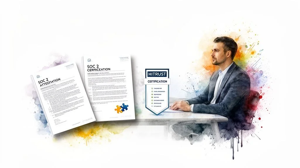 A man reviewing SOC 2 attestation and HITRUST certification documents on a table.