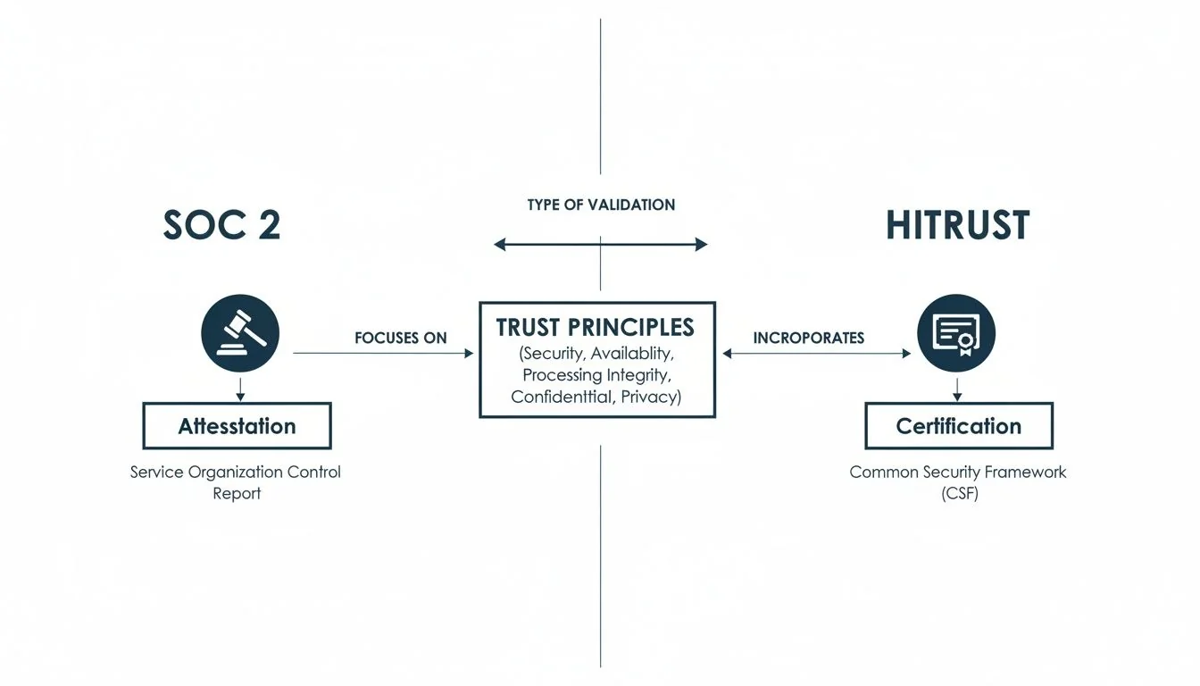 Diagram comparing SOC 2 attestation and HITRUST certification, both validating Trust Principles like security and privacy.