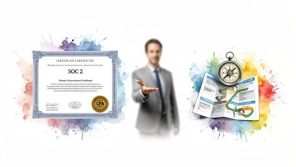 A SOC 2 report, a blurred man presenting, and a map with a compass symbolizing compliance guidance.