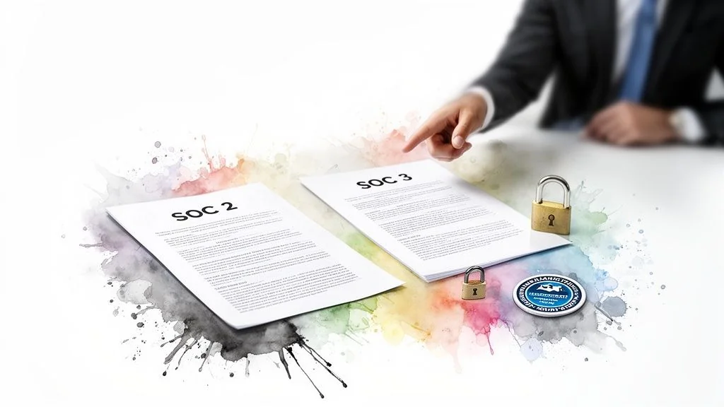 A person points to SOC 3 document next to SOC 2, with padlocks, representing security reports.