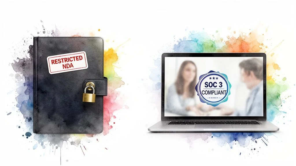 A locked black notebook labeled 'RESTRICTED NDA' next to a laptop displaying 'SOC 3 COMPLIANT' on screen.