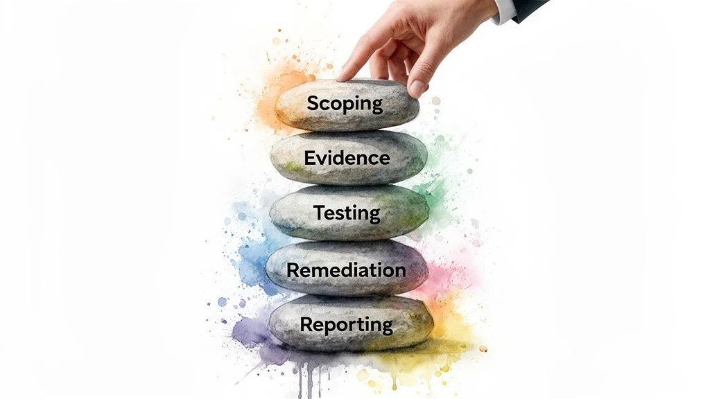 A hand placing a 'Scoping' stone on a stack representing SOC audit services process steps.