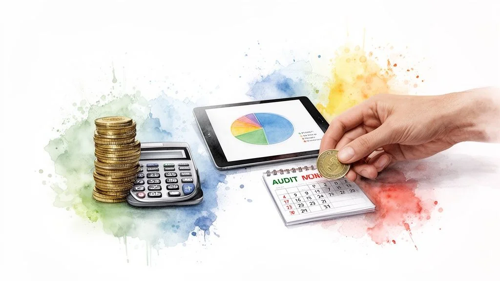 Hand placing a coin next to a calculator, tablet with chart, and calendar for financial planning.