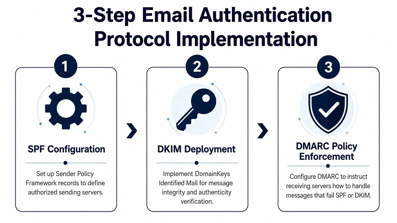 A three-step guide to email authentication protocols featuring SPF configuration, DKIM deployment, and DMARC policy enforcement.