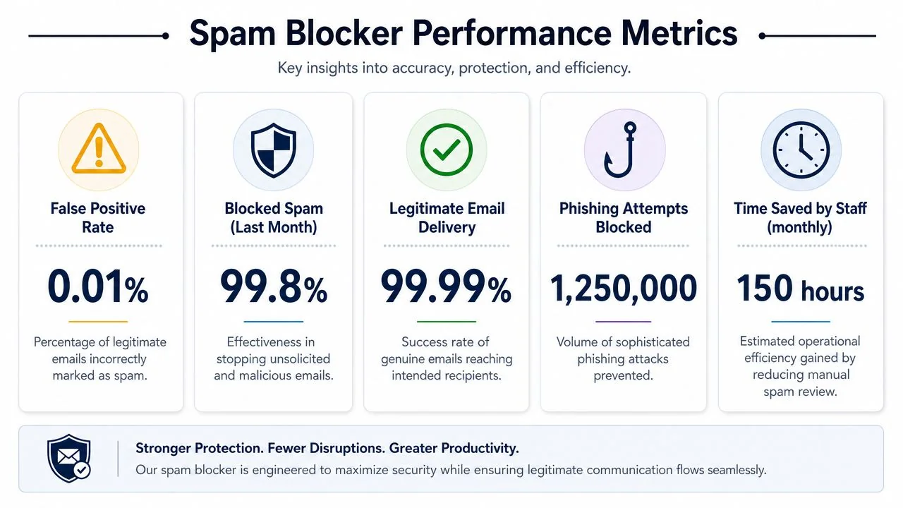 An infographic showing performance metrics for a spam blocker, including accuracy rates and efficiency statistics.