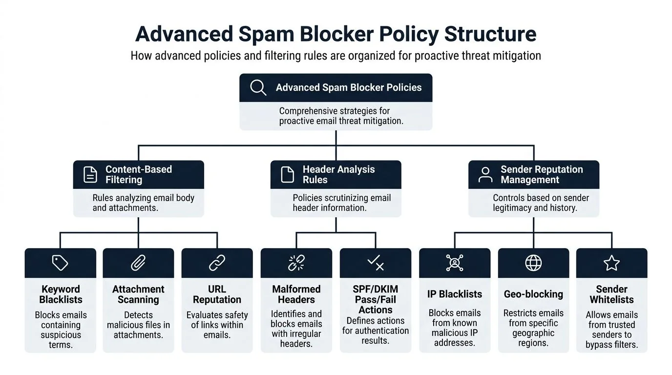A diagram illustrating the structured policies and filtering rules used for advanced email spam prevention and mitigation.