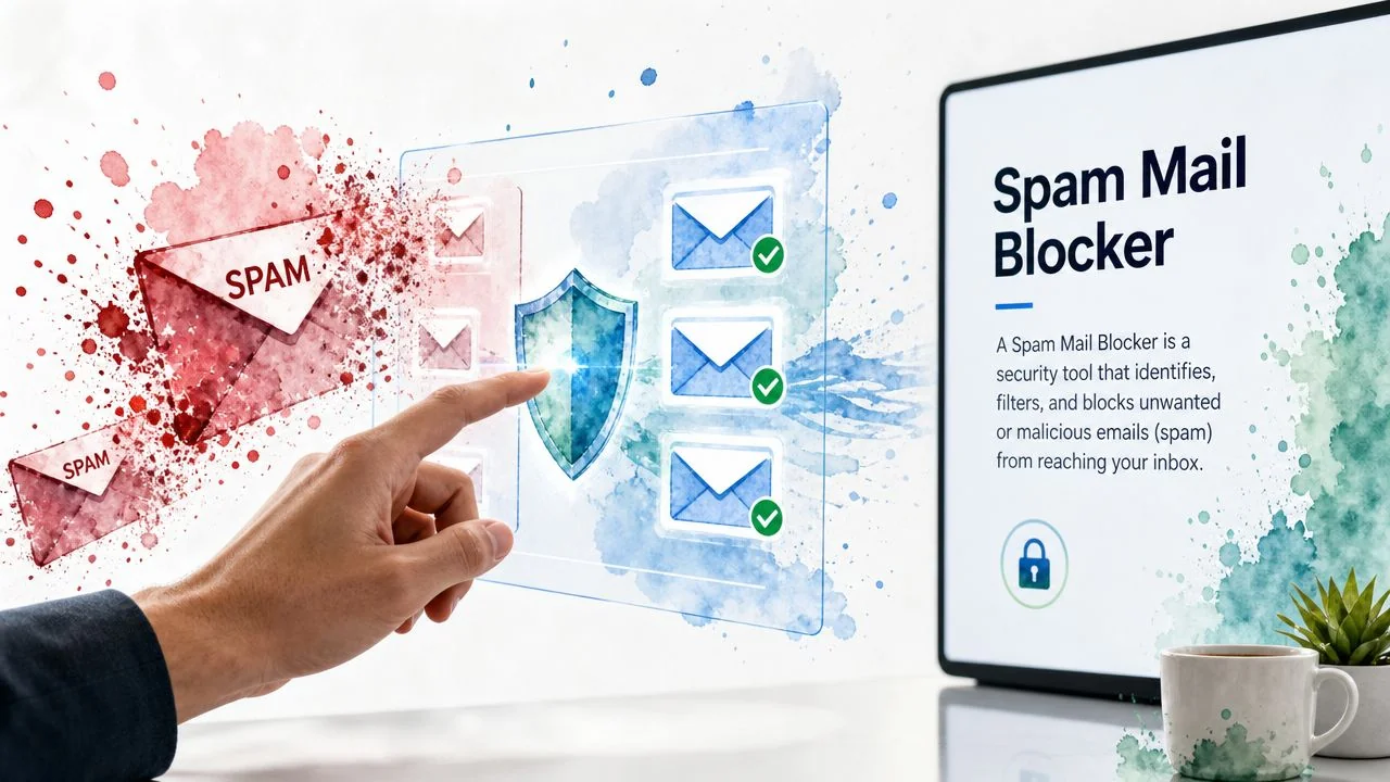 A hand interacting with a digital interface that blocks red spam emails using a security shield.