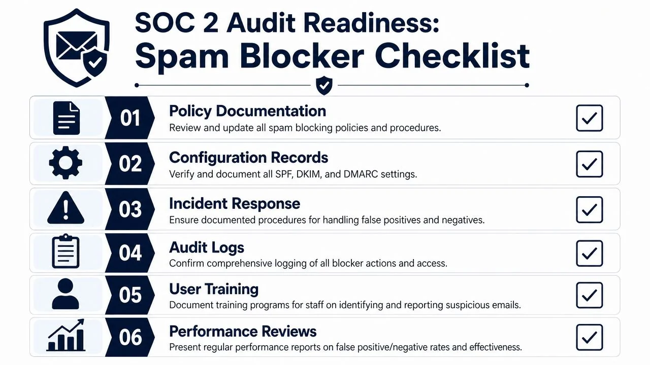 A checklist for SOC 2 audit readiness featuring six steps for implementing effective spam blocking software.