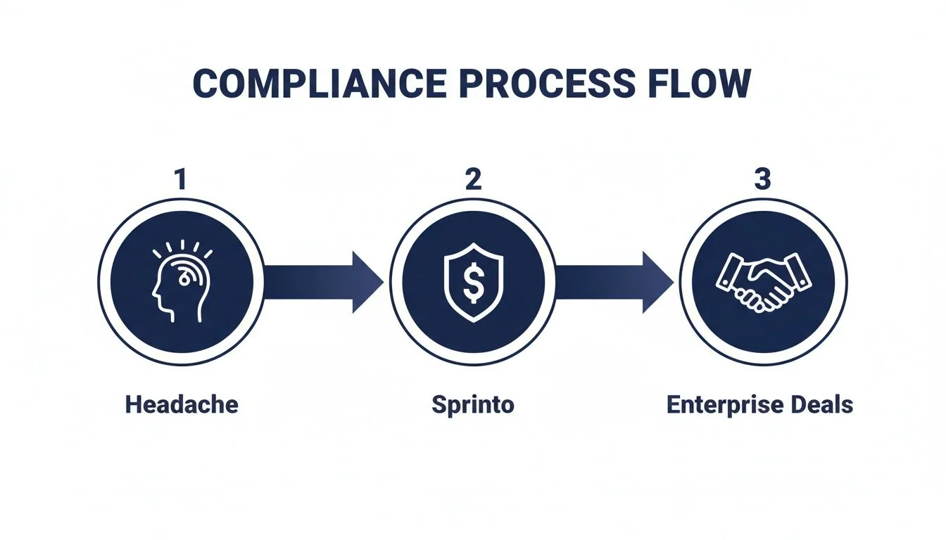 A three-step compliance process flow, illustrating progression from 'Headache' through 'Sprinto' to 'Enterprise Deals'.