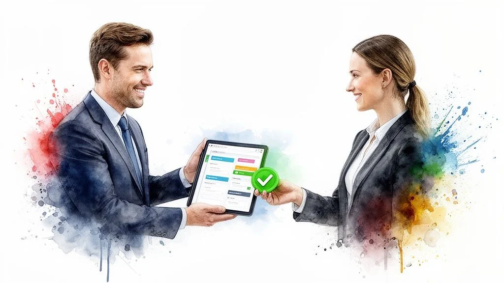Two business professionals exchange a tablet with a green checkmark, symbolizing a successful digital review.