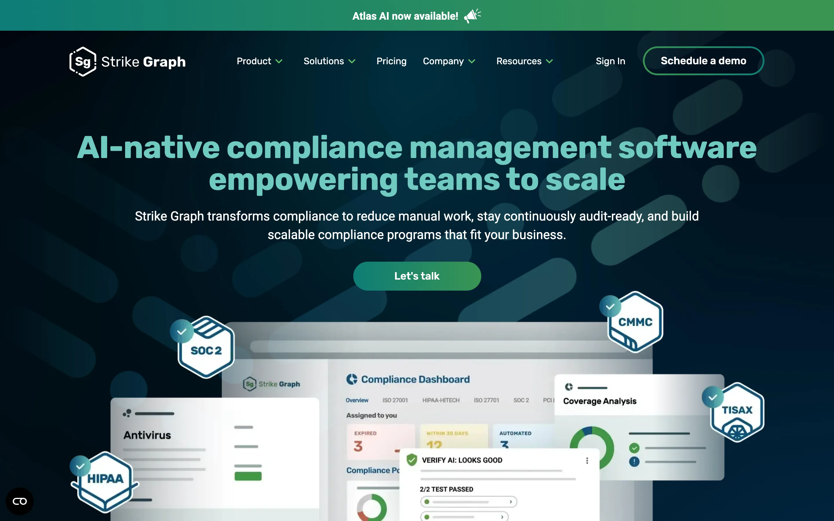 Strike Graph homepage, with the headline AI-native compliance management software empowering teams to scale.