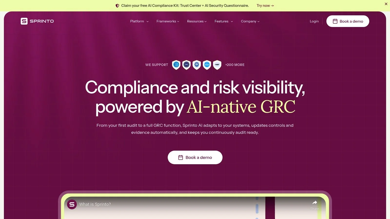 Sprinto dashboard showing compliance tasks and progress