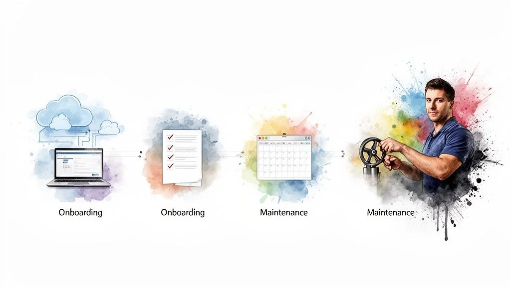 A vibrant watercolor illustration showing a four-step business process from onboarding to ongoing maintenance.