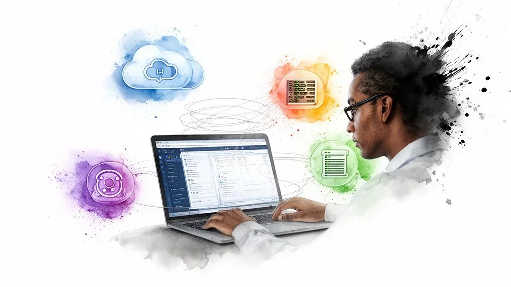 A man uses a laptop connected to cloud, data analysis, and configuration icons in a watercolor style.