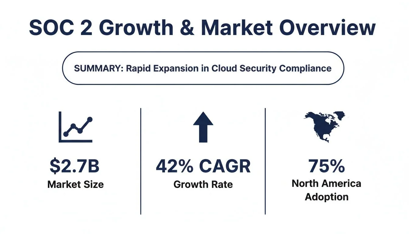 An overview of SOC 2 market growth, showing $2.7B market size, 42% CAGR, and 75% North America adoption.