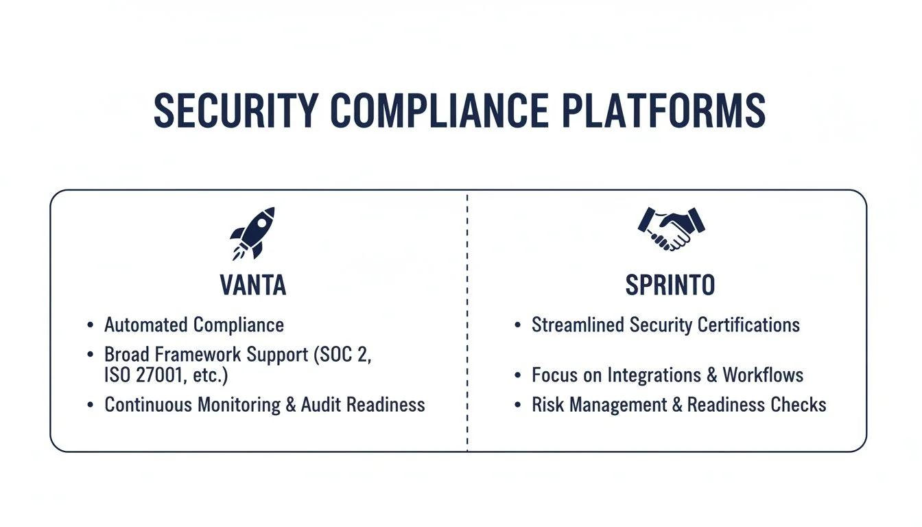 A comparison table outlining features of Vanta and Sprinto, two security compliance platforms.