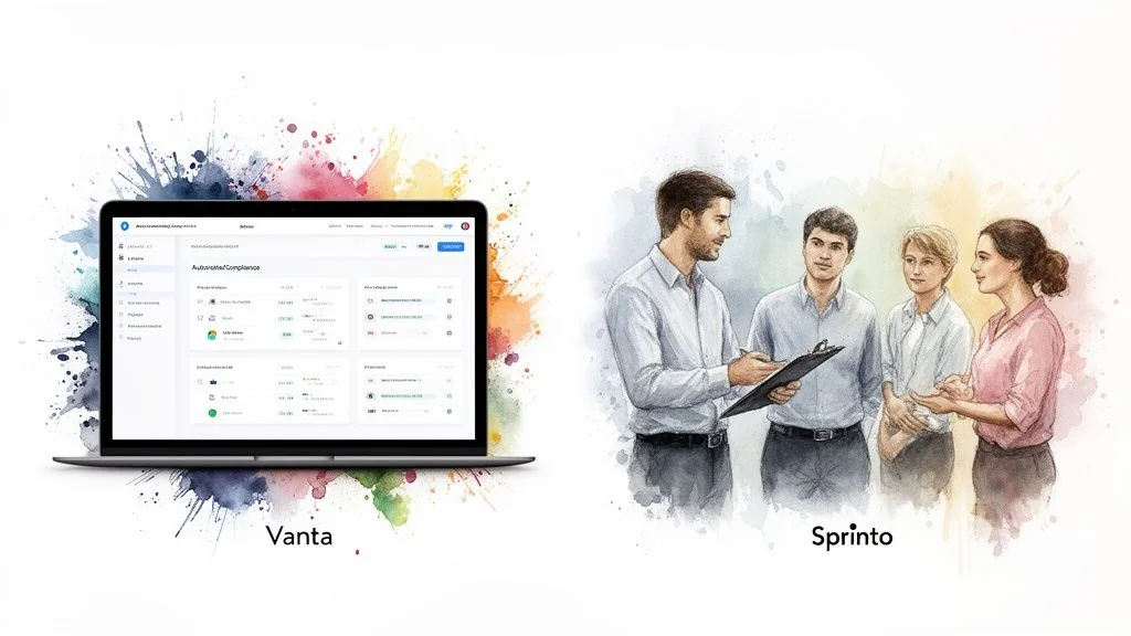 A laptop displaying Vanta's software interface and a group of people representing Sprinto, on a watercolor background.
