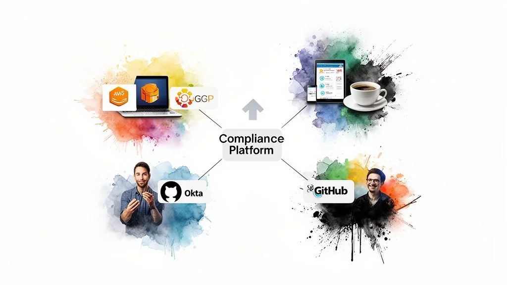 A compliance platform diagram connecting cloud services, Okta, GitHub, and digital dashboards with users.