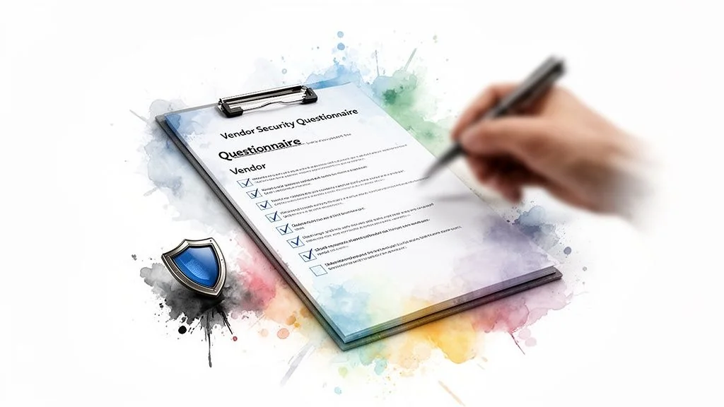 A hand fills out a vendor security questionnaire on a clipboard with a pen and shield icon.