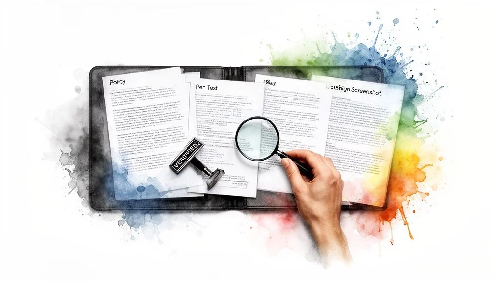 Hand using magnifying glass to review policy and pen test documents with a 'VERIFIED' stamp, against a colorful watercolor background.