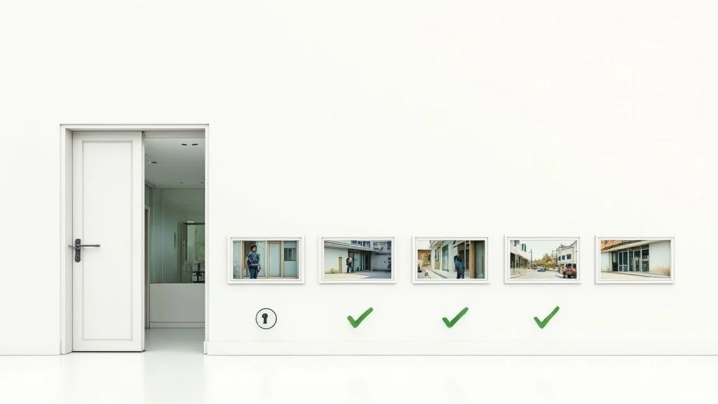 A minimalist white room with an open door and a row of five framed images, some with checkmarks, on the wall.