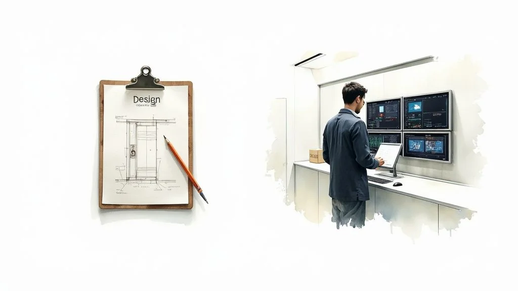 Architectural blueprint on a clipboard with a pencil, next to a man monitoring data on multiple screens.
