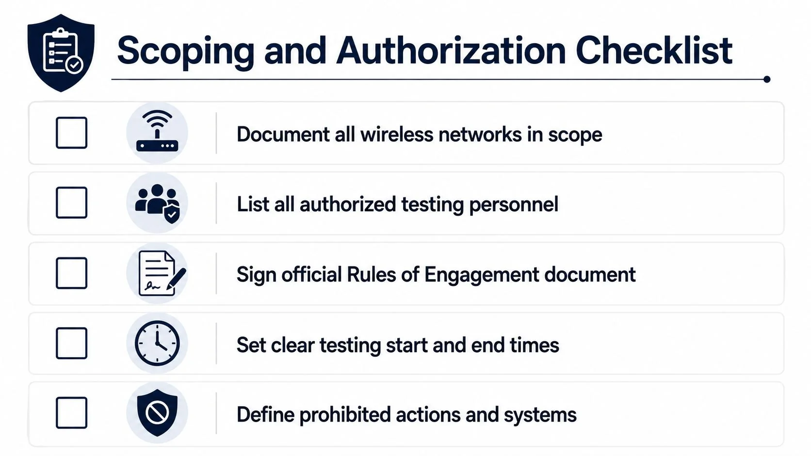 A checklist for scoping and authorization of penetration testing, including wireless networks, personnel, and rules of engagement.