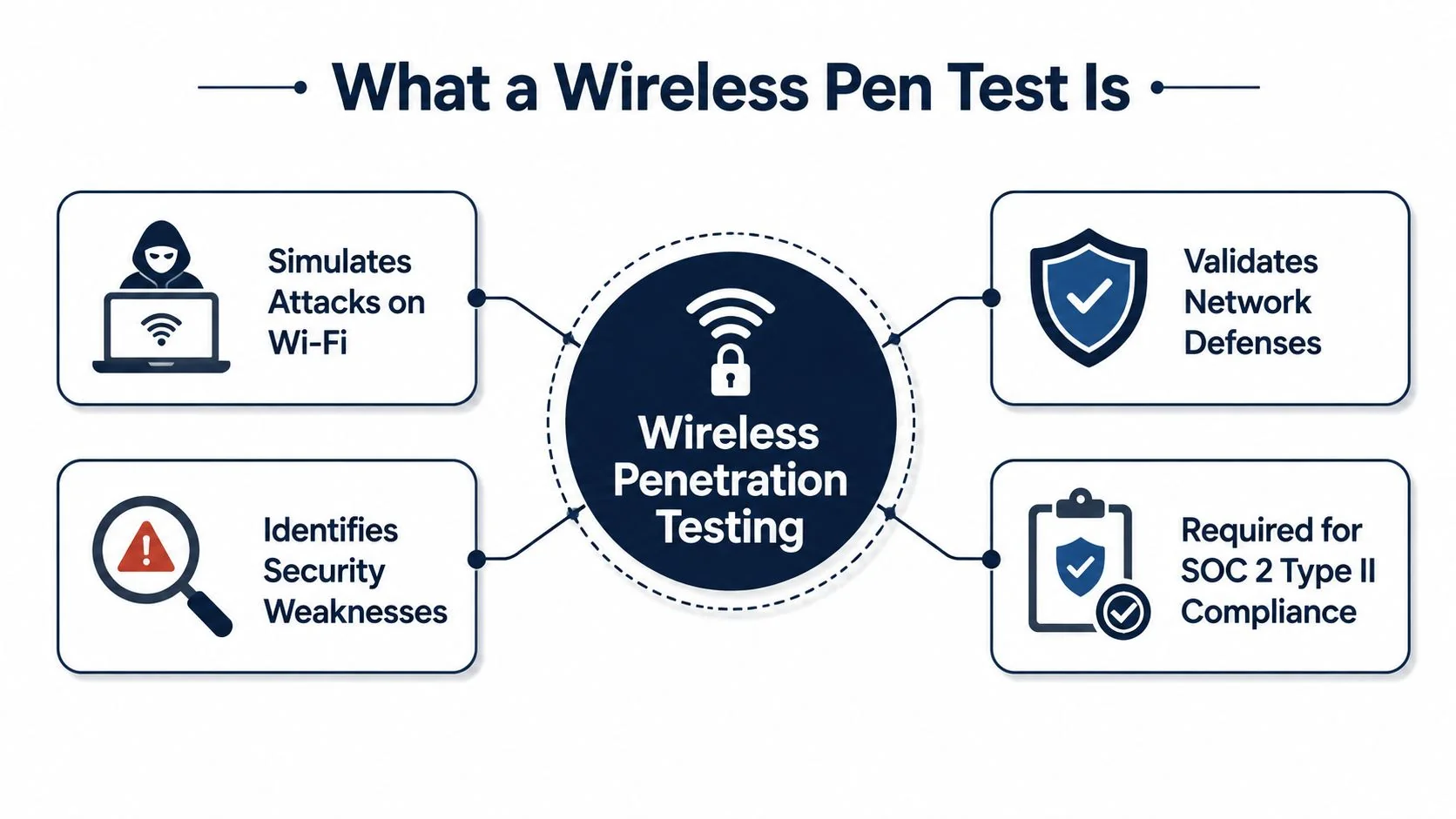 An infographic titled What a Wireless Pen Test Is, explaining four key benefits of wireless penetration testing.